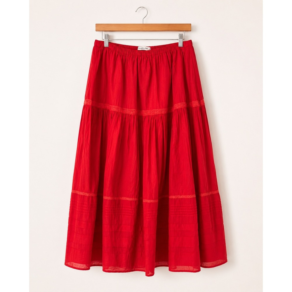 Abercrombie & Fitch Red Tiered Maxi Skirt Lace Trim Boho Prairie Large